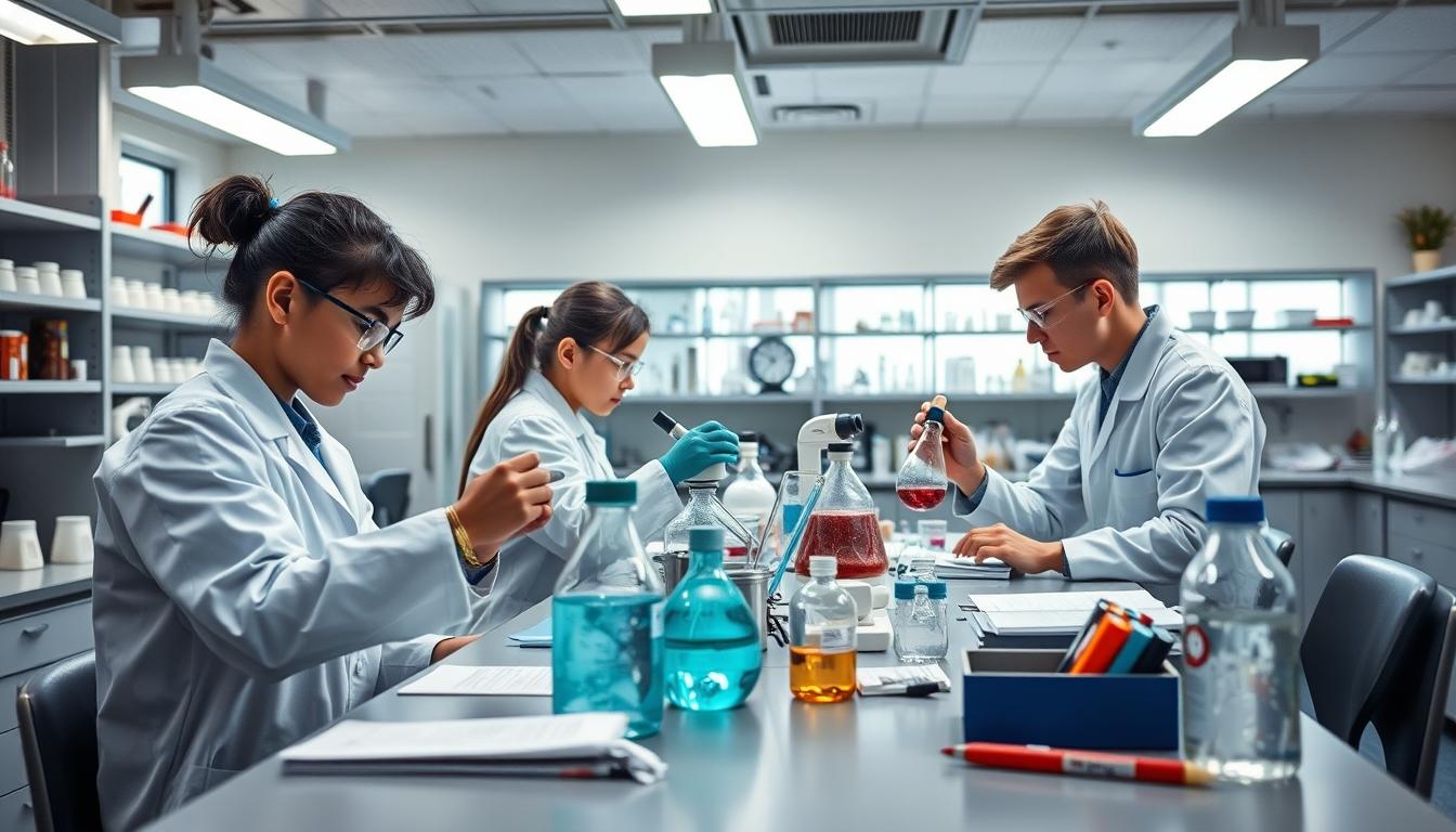 Students studying together in modern classroom